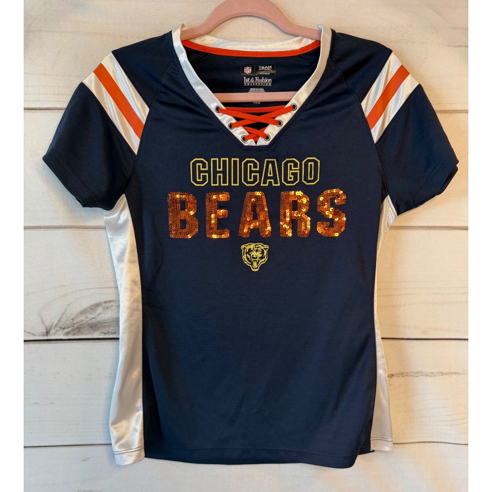 NFL Team Apparel Chicago Bears Sequin Lace Up Jersey Shirt Womens Medium